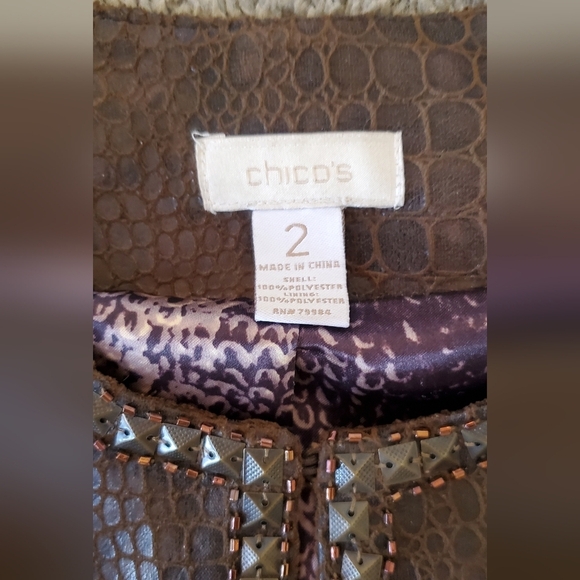 Chico's Croc Embossed Studded Beaded Reptile Faux Leather Bomber Jacket Size 12 - Picture 8 of 10